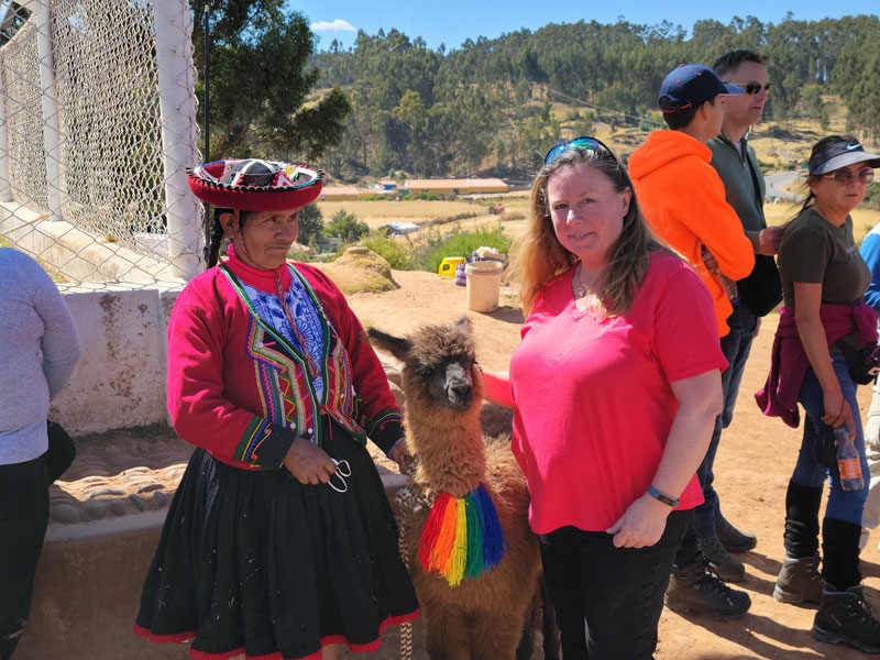 Beth with lama Cristo Blanco Cusco Peru